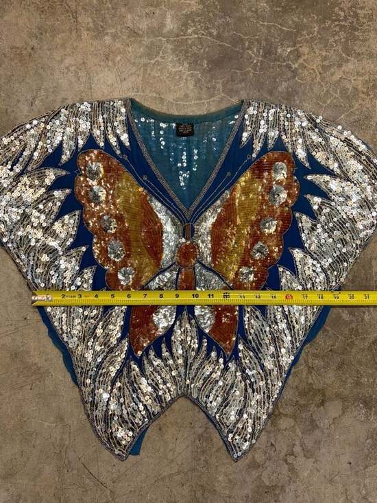 Y2K Sequin Butterfly Top Vintage 80s Disco with Flutter Sleeves 100% Silk Blue - Picture 7 of 8